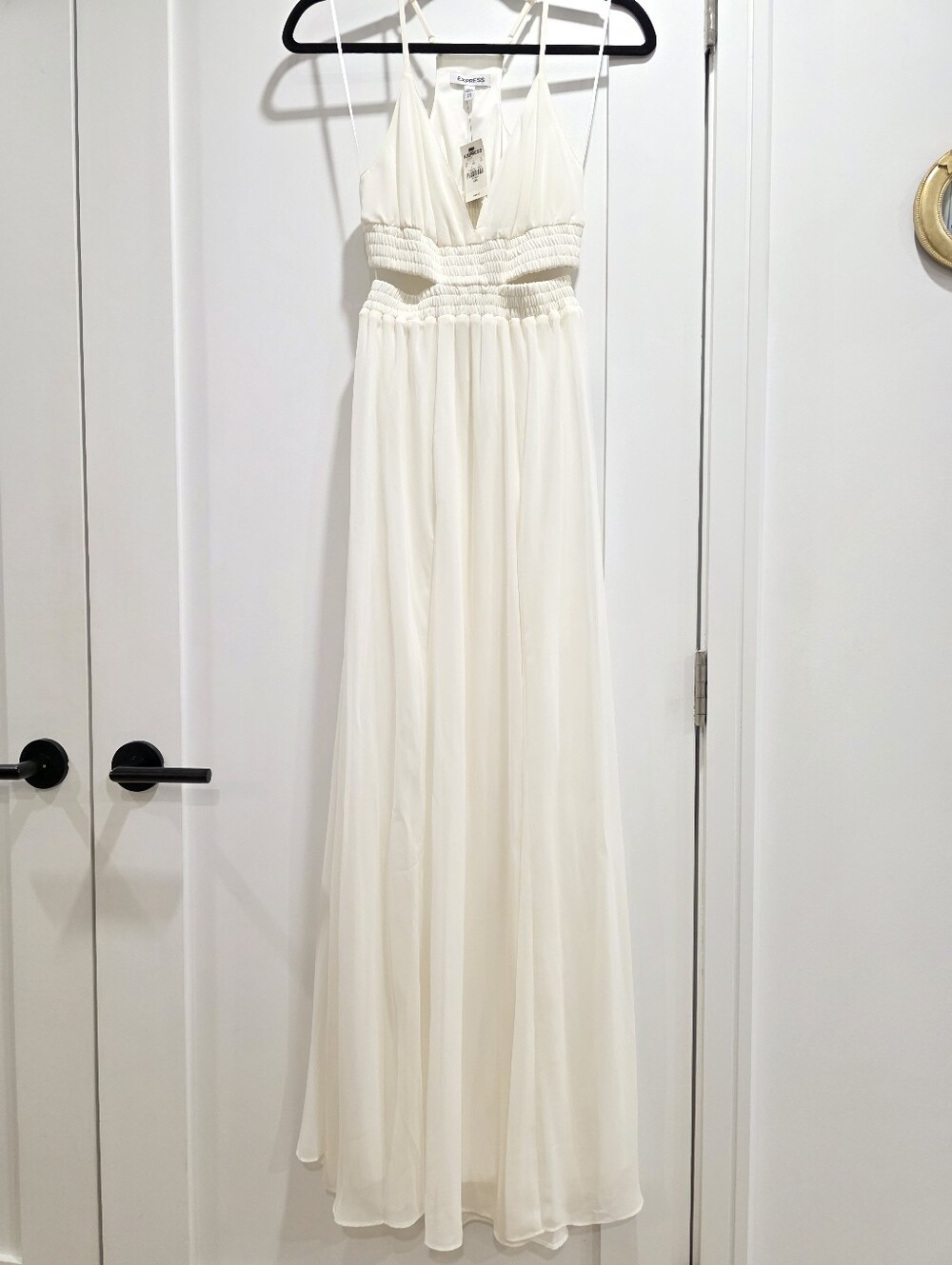 New Express White Chiffon Maxi Dress with Cutout Smock Waist - XXS Petite